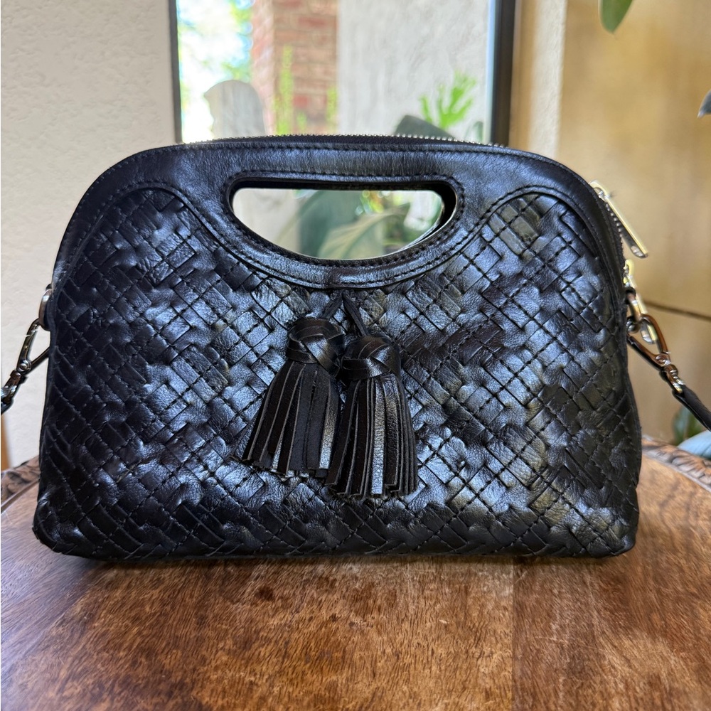 Patricia Nash Black Woven Leather Tassel Handle Bag EUC